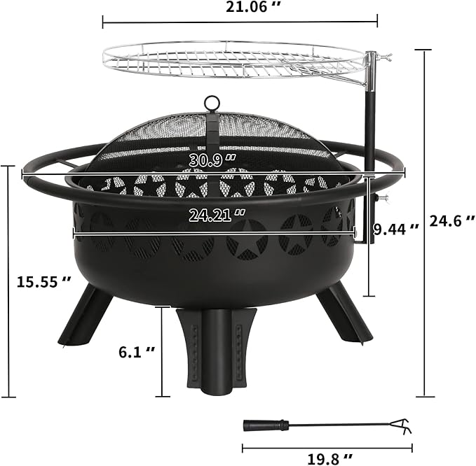 Hykolity 2 in 1 Fire Pit with Grill, Large 31" Wood Burning Fire Pit with Swivel Cooking Grate Outdoor Firepit for Backyard Bonfire Patio Outside Picnic BBQ, with Spark Cover, Fire Poker