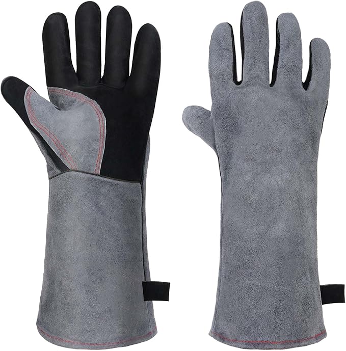 AUAUY Heat & Fire Resistant Gloves Leather BBQ Gloves Wear Resistant Heavy-Duty Welding Gloves for Grinding,Baking,Gardening