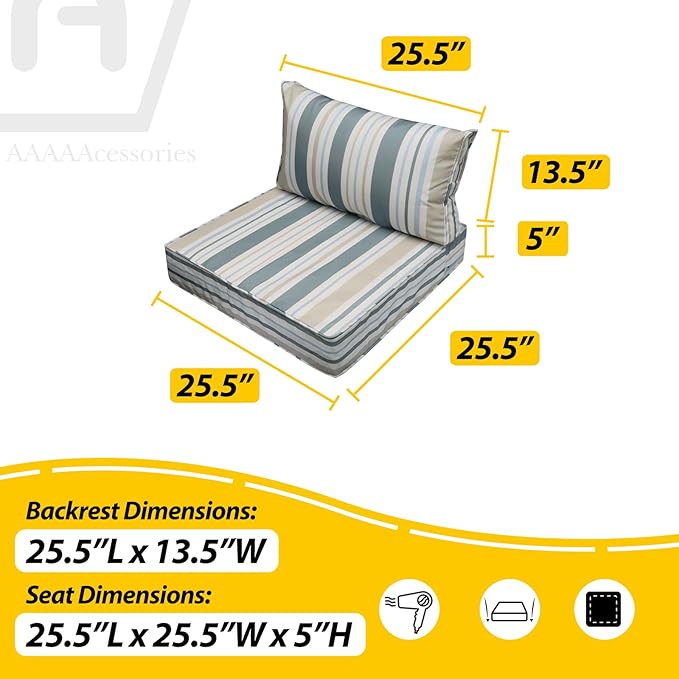 AAAAAcessories Outdoor Seat Cushions for Chairs, Fade-Resistant, Waterproof Patio Furniture Replacement Cushions, 25.5" x 25.5" x 5" + 25.5" x 13.5", Set of 4, Slate Gray Blue Coastal Stripe