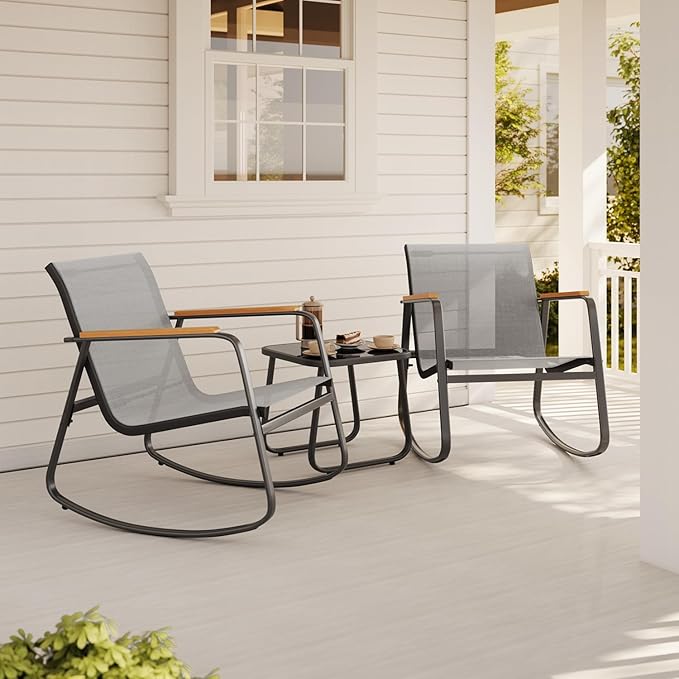 Aiho 3 Piece Patio Bistro Set, Textilene Outdoor Furniture Set with Patio Rocking Chairs with Wooden Armrests and Glass Table for for Lawn, Porch, Balcony, Poolside(Grey)