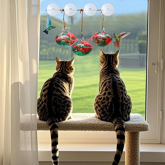 Window Hummingbird Feeder with Suction Cups,Hand-Blown Glass Hummingbird Feeders for Outdoors Window Mounted with Metal Hook,Close Bird Watching,Finch in Garden,Yard(Red)