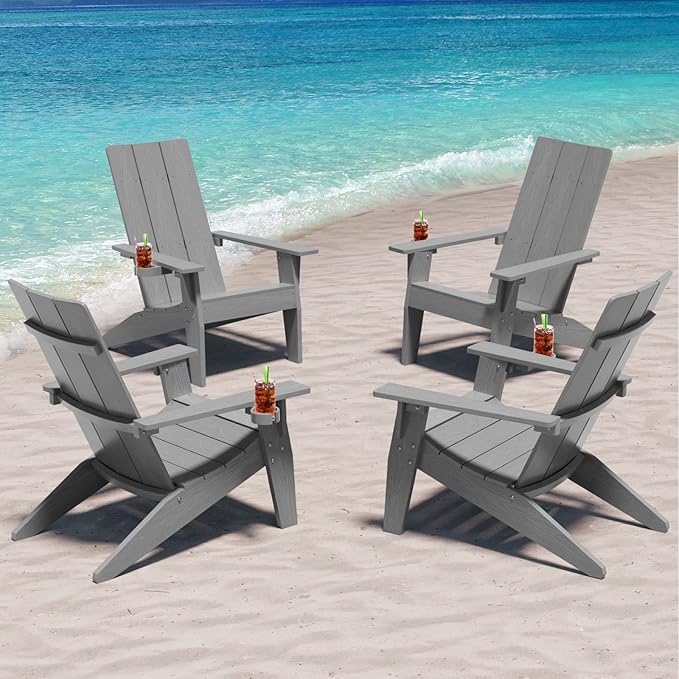 MXIMU Modern Adirondack Chairs Set of 4 Weather Resistant with Cup Holder Oversize Plastic Fire Pit Chairs Plastic Outdoor Chairs for Firepit Area Seating (Grey)