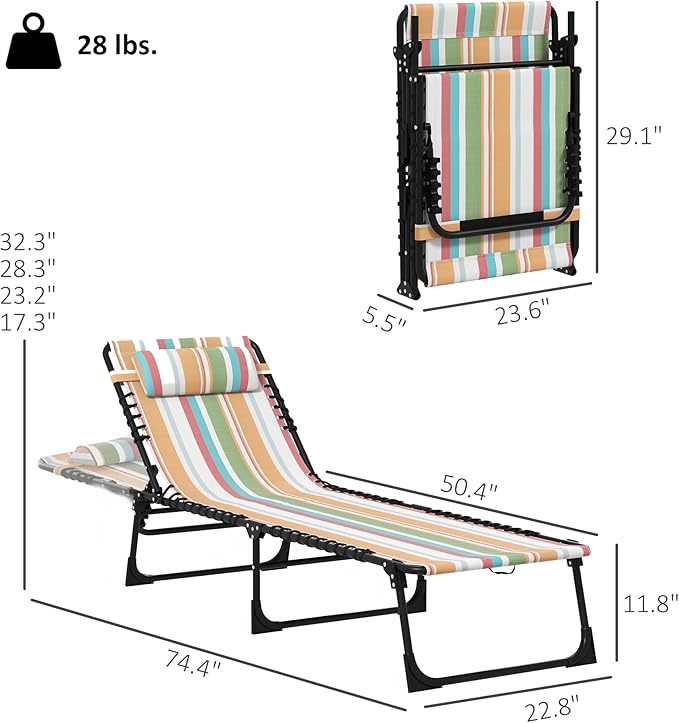 Outsunny Folding Chaise Lounge Chair Set of 2, Patio Sun Tanning Chair, Outdoor Chaise Lounger with 4-Position Reclining Back, Breathable Mesh Seat for Beach, Poolside, Rainbow Striped