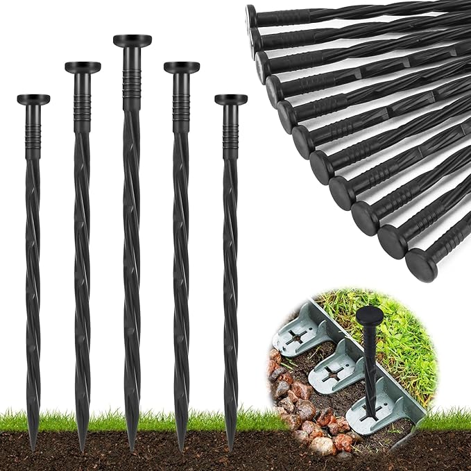 Landscape Edging Stakes, 150 Pcs 8" Plastic Garden Spikes, Spiral Nylon Anchoring Spikes for Paver Edging, Weed Barriers, Artificial Turf, Tent, Grass Pathway and More, Black