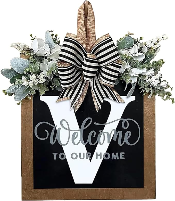 Last Name Front Porch Decor, Welcome Sign Door Wreath, Outdoor Decorations, 26 Letter Hanging Monogram (V) for All Seasons
