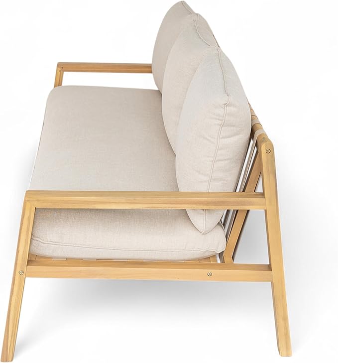 Christopher Knight Home Kaylle Outdoor 3 Seater Sofa with Cushion, Acacia Wood Patio Lounge Sofa with Woven Rope Backrest, Spacious Seating Couch for Backyard Garden Porch, Light Teak + Beige