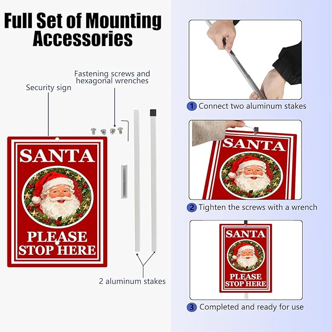 Santa Stop Here Yard Signs With Stake Rustproof Reflective Aluminum Christmas Decoractive Garden Stakes for Lawn Outdoor Decorations 8x12 In