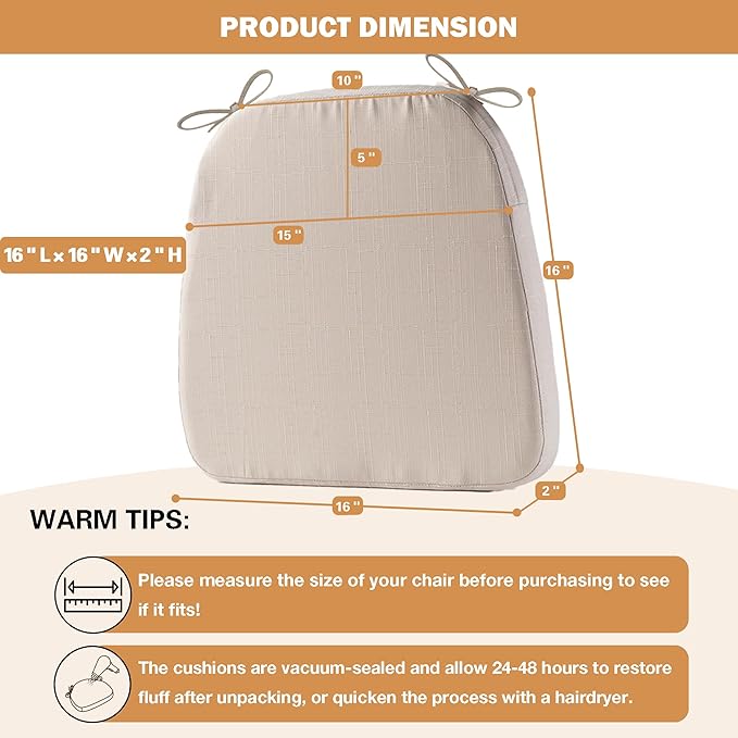 Battilo Chair Cushions for Dining Chairs with Ties, Indoor/Outdoor Kitchen Chair Pad with Non-Slip Backing, Dining Seat Cushion with Machine Washable Removable Cover, 16"x16"x2", Set of 2, Beige
