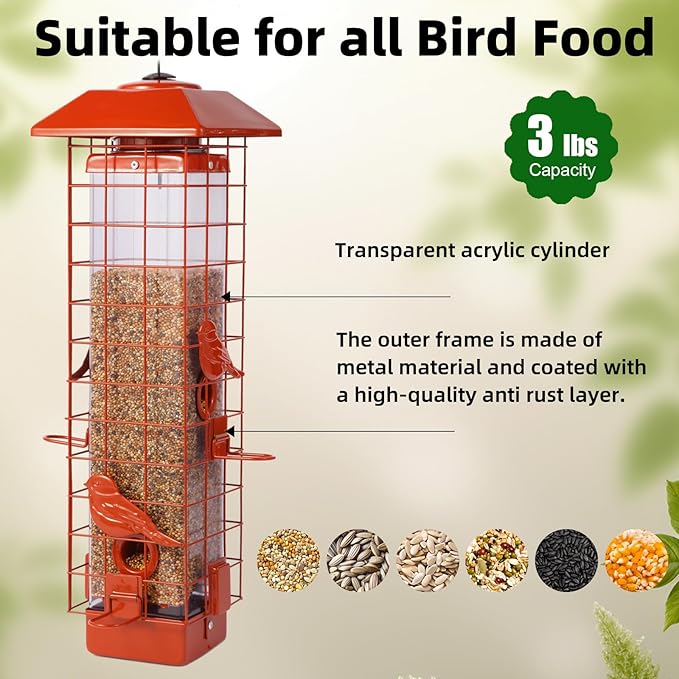 Squirrel Proof Bird Feeder, Metal Mesh Bird Feeder for Outside, Large Capacity and 4 Ports Perches (Orange)