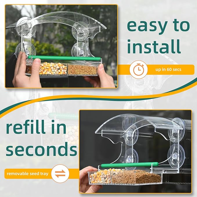 Window Bird Feeder with 4 Strong Suction Cups, Clear Window Feeder for Outside, Acrylic Bird House for Window, Large Outdoor Wild Bird Watching Gift