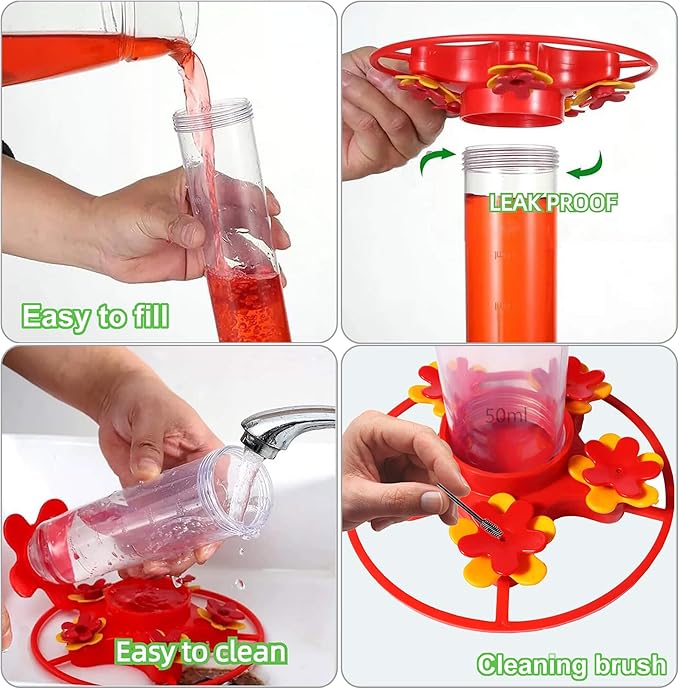 Hummingbird Feeders for Outdoors Hanging - 5 Feeding Ports 12 oz Plastic Hummingbird Feeder, Bee-Proof Leak-Proof No Drip, Easy to Clean with Cleaning Brush