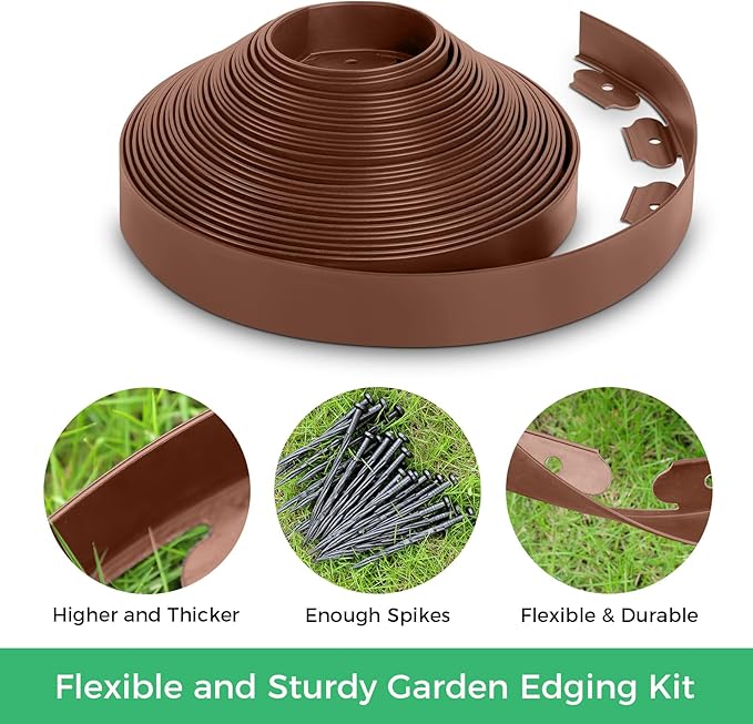 2-Inch x 80 FT Landscape Edging Border with 125 Spikes, Garden Edging Border Lawn Edging Kit, Plastic Edging for Landscape Flexible for Garden Flower Beds Lawn Yard Pathway (Brown)