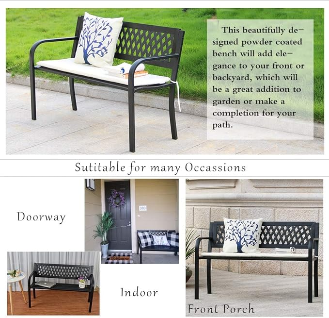 Patio Bench - Outdoor Metal Garden Bench with Armrests, 480lbs, Cast Iron, Sturdy Steel Frame, Black