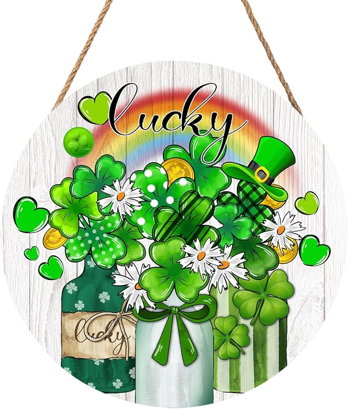 St. Patrick's Day Lucky Green Clover Door Sign For Front Door Decor,Shamrock Mason Jar Rainbow Wooden Sign 12"x 12" Round Wood Hanging Door Sign Decoration for Wall Rustic Decor