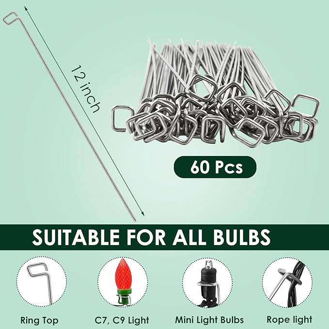 12 Inch Metal Christmas Light Stakes 60 Pack Christmas Yard Lights Stakes Universal Yard Lawn Holiday Light Stakes for C7 C9 String Lights Ground Stakes for Christmas Lights on Garden Driveway Pathway