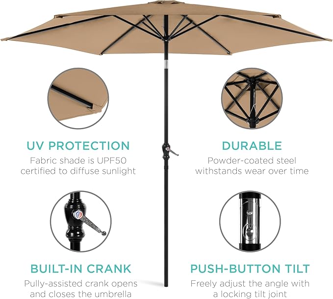 Best Choice Products 10ft Outdoor Steel Polyester Market Patio Umbrella w/Crank, Easy Push Button, Tilt, Table Compatible