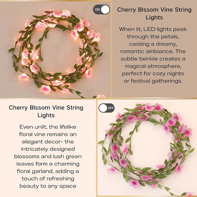 2 Count Cherry Blossom Vine Lights 13ft 40 LED Flower String Lights USB Plugin & Battery Operated Fairy Lights with Timer 8 Modes Remote Decorative Light for Bedroom Wedding Party, Warm White