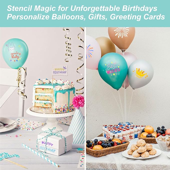 Birthday Stencils for Painting, 64PCS 3x3 Plastic Stencils for Crafts Reusable with Cake & Bear Patterns, Perfect for DIY Cards, Gifts & Party Decorations