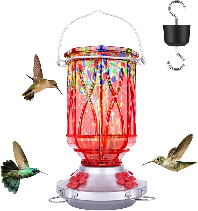 Hummingbird Feeders for Outdoors with Ant Moat, Hand Blown Glass Hummingbird Feeder, 4 Feeding Ports with Perch, Outdoor Garden Décor, 15 OZ, Red, Gifts for Mom Wife Dad Men Women