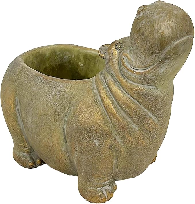 PD Home & Garden Decorative 8 Inch Cement Animal Statue for Yard Porch Patio or Garden Décor Natural Grey with Golden Wash Happy Hippo