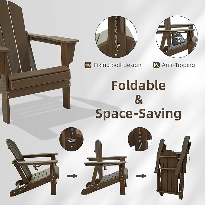 Domi Folding Adirondack Chairs Set of 8, HDPE All-Weather Outdoor Chairs with Cup Holder, Wooden Textured Fire Pit Chairs for Backyard, Patio, Poolside & Deck,Khaki