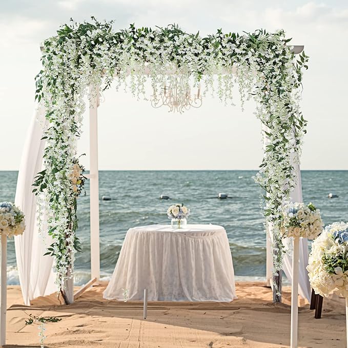 JUSTOYOU 3PCS 7FT 12 Stem Artificial Wisteria Vine Garland Fake Flower Wisteria Garlands for Outdoor Indoor Wedding Wall Badroom Decoration(White)