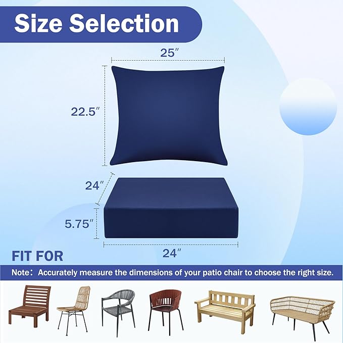 Outdoor Seat Cushion Set, Waterproof & Fade Resistant Patio Chair Cushions, Outdoors Cushion for Patio Furniture, 24 x 24 x 5.75 Inch, Outdoor Couch Cushions with Handle and Ties, Navy Blue