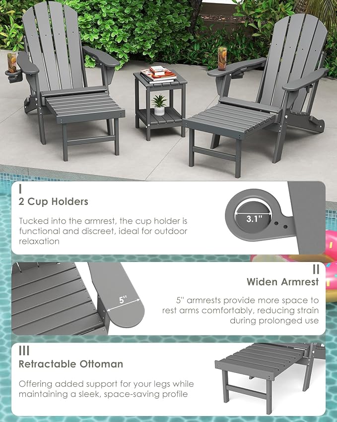 GREENVINES Adjustable Adirondack Chair with Retractable Ottoman Set of 2 | Folding | HDPE Plastic | Fire Pit Chairs w/Foot Rest | 2 Cup Holders | Grey | for Outdoor Patio Poolside Deck
