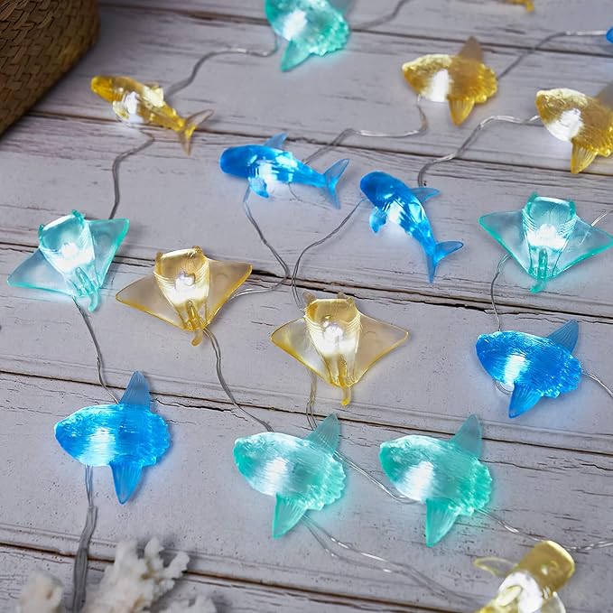 Outdoor Solar Garden Lights - Nautical Sea Life Decorative Fairy String Lights with 40 LED, 14ft Beach Tree Decor (Whale Shark, Sunfish, Manta Ray)