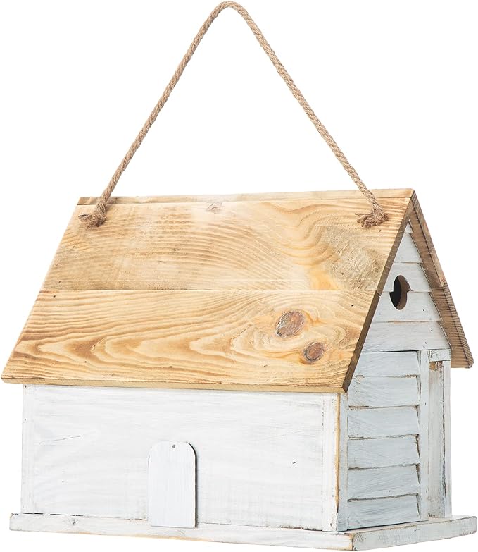 Glitzhome 14.25”L Wood Hanging Birdhouse for Outdoors Oversized Distressed Cottage Painted Bird House Rustic Bird House for Bluebird Wren Chickadee Sparrow Bird Nest Box for Garden Patio, Washed White