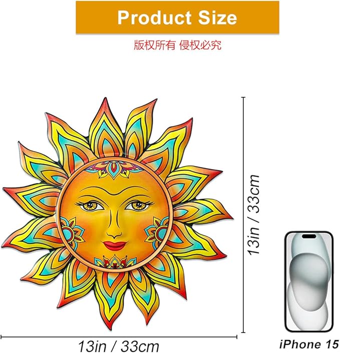 Metal Sun Flower Wall Decor - 13 inches Sun Wall Art Hanging Decorations for Outdoor, Home Garden Yard Patio Fence Bedroom Decor, Gifts for Mom Friends