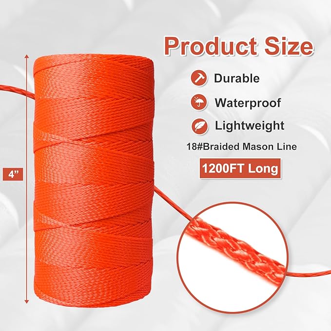 Mason Line String Line,1200 Ft Length Nylon Twine,18 Braided Nylon String for Gardening Or Masonry Tools,Twine String for Gardening,Orange