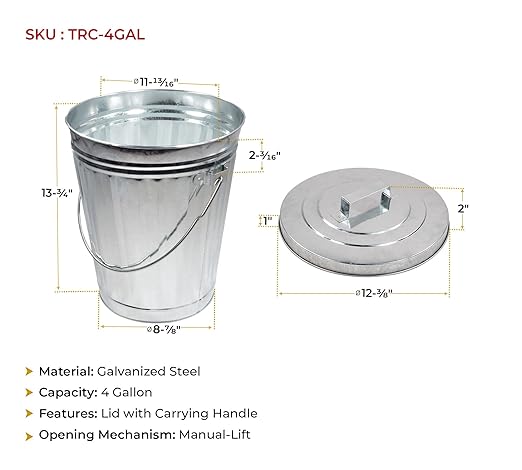 Mytee Products 4 Gallon Galvanized Trash Can with Mounting Bracket Kit for Trucks & Trailers, Steel Outdoor Garbage Can Holder for Flat Vertical Surface, Fire & Heat Resistant
