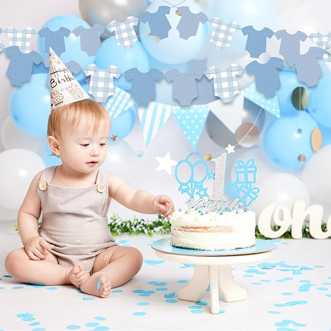Blue Bodysuit Decoration Banner, Blue Gingham Party Decorations, Baby Shower Party Supplies Birthday Banner Decor for Boys Girls Baby Shower Decorations
