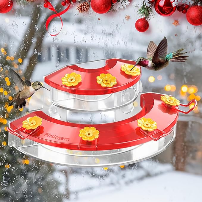 Birdream Window Hummingbird Feeders for Outdoors, with Strong Suction Cups & 7 Feeding Ports, Easy to Use and Maintain, Gift for Bird Lover, Plastic Bird Feeder, 1 Pack, 10oz - Red