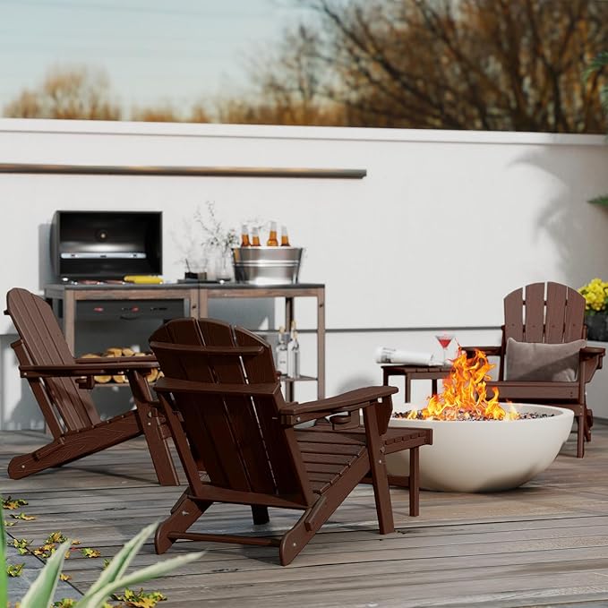 GREENVINES Adjustable Adirondack Chair with Retractable Ottoman Set of 2 | Folding | 2 Cup Holders | Wood Grain HDPE Plastic | Fire Pit Chairs w/Foot Rest | Dark Brown | for Outdoor Patio Poolside