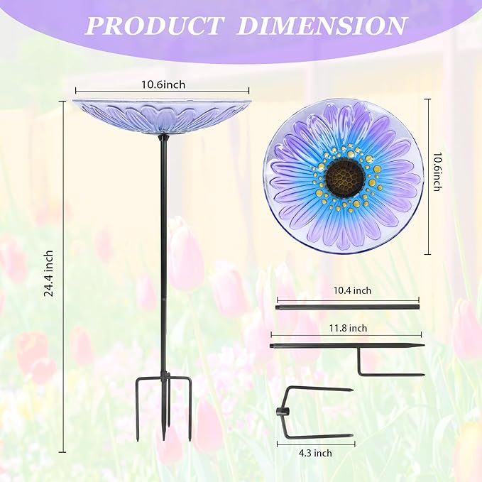 Bird Baths for Outdoors, Glass Birdbaths Outdoor Garden Birdfeeder with Metal Stake for Lawn Yard Decor, 24 Inch Height, Purple