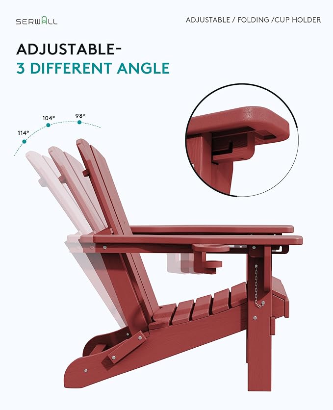 SERWALL Adjustable Folding Adirondack Chair, Reclining Adirondack Chair with Cup Holder, Red