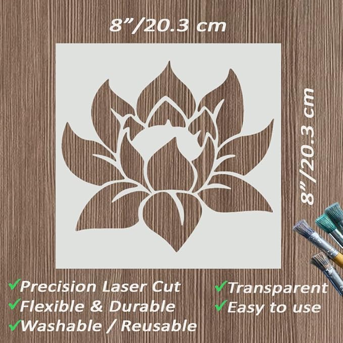 Large Lotus Stencil for Painting - 8x8 Inches on Wood, Canvas, Paper, Fabric, & Furniture - Reusable DIY Art & Craft Stencils