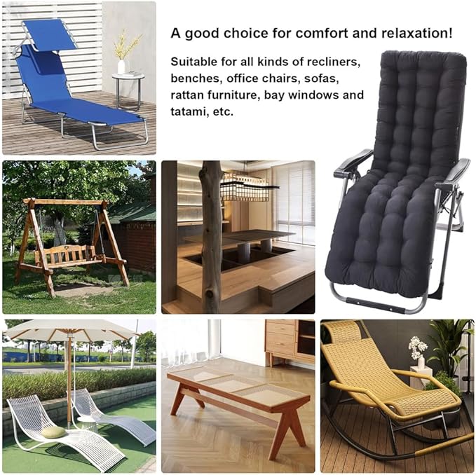 ERWUDEling Zero Gravity Lounge Chair Cushion Replacement 67 Inch, Thick & Soft Patio Furniture Cushion for Outdoor/Indoor Use, Waterproof Non-Slip with 6 Ties, Black (19 x 67 x 4 Inches)