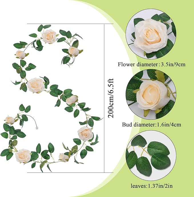 U'Artlines 5 Pack Artificial Champagne Rose Vines Floral Garlands Total 32.5 Ft Fake Vine Silk Flower Garland for Indoor Outdoor Home Wedding Arch Garden Wall Decoration