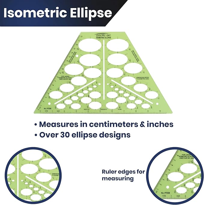 Pacific Arc Isometric Ellipse Template Guide, 38 Ellipses of 35 Degrees ranging from 1/8 inch to 1 and 9/16 inch