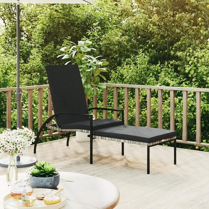 vidaXL PE Rattan Sun Lounger with Footrest, Outdoor Lounge Chair with Adjustable Backrest and Armrests, Gray, Ideal for Patio, Pool, Balcony, and Garden