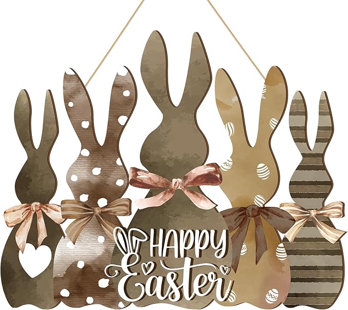 Juexica Easter Bunny Welcome Door Sign Easter Wall Hanging Sign for Front Door Wood Front Porch Decor Wall Pediments