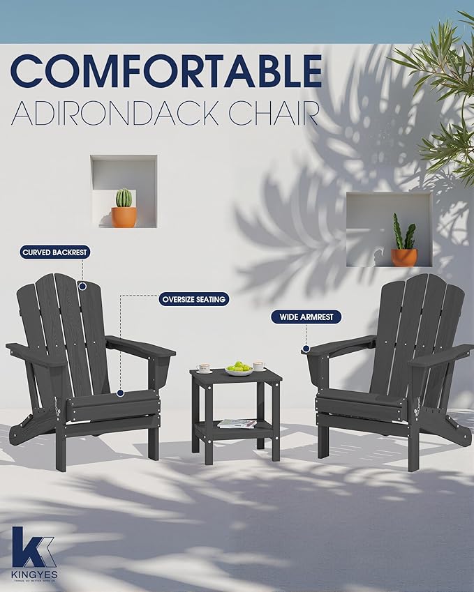 KINGYES Folding Adirondack Chair Set of 4, HDPE All-Weather Folding Adirondack Chair, Grey
