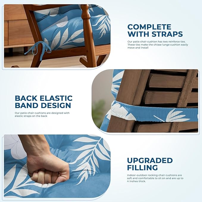 Adirondack Chair Cushion Waterproof Indoor Outdoor Rocking Chair Cushion 44 Inches Patio High Back Chair Cushions Thickened Adirondack Rocking Chair Cushions with Ties, Blue Leaf