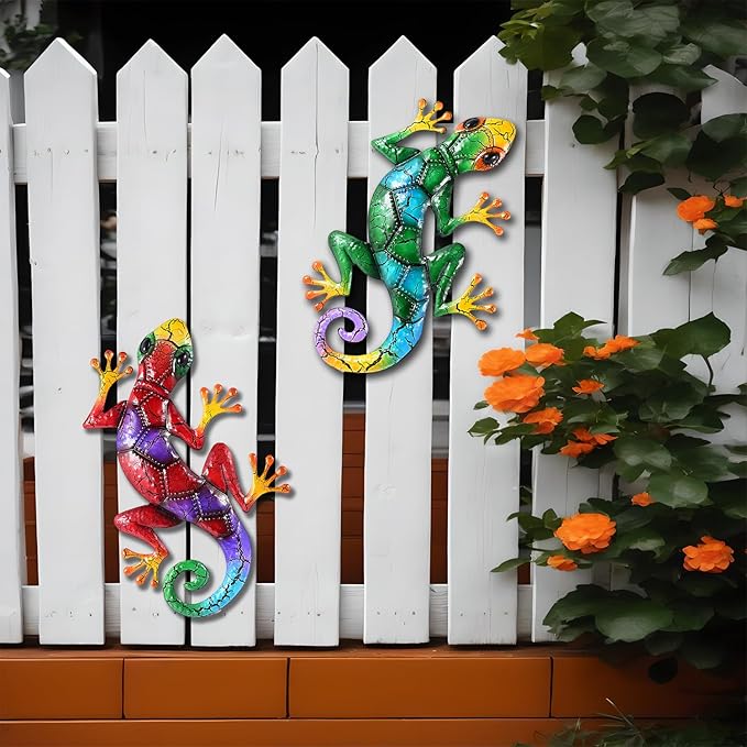 2 Piece Metal Gecko Wall Decor, Lizard Outdoor Wall Art,Colorful Gecko Wall Art Hanging Indoor and Outdoor, Patio Garden Fence Home Decor (17 inch)