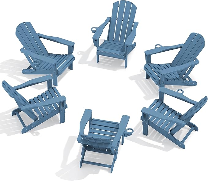 SERWALL Folding Adirondack Chair Set of 6, Adjustable Adirondack Chair with 3 Recline Positions, All Weather HDPE Outdoor Adirondack with Cup Holders, Blue