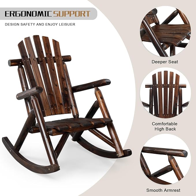 Outvita Wooden Rocking Chair, Fir Log Adirondack Rocker, Outdoor Wood Accent Furniture Lounge Chairs for Garden Patio Backyard Porch (Dark Brown)