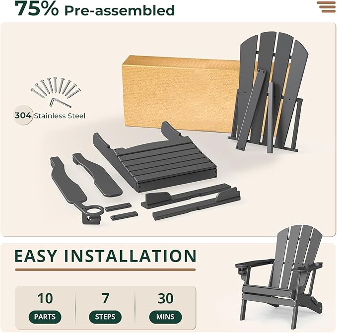 BRIOPAWS Folding-Adirondack-Chairs Set of 2 | HDPE Plastic | Fire Pit Chair | Cup Holder | Curved Back | All Weather| for Outdoor Backyard Deck Patio | Grey
